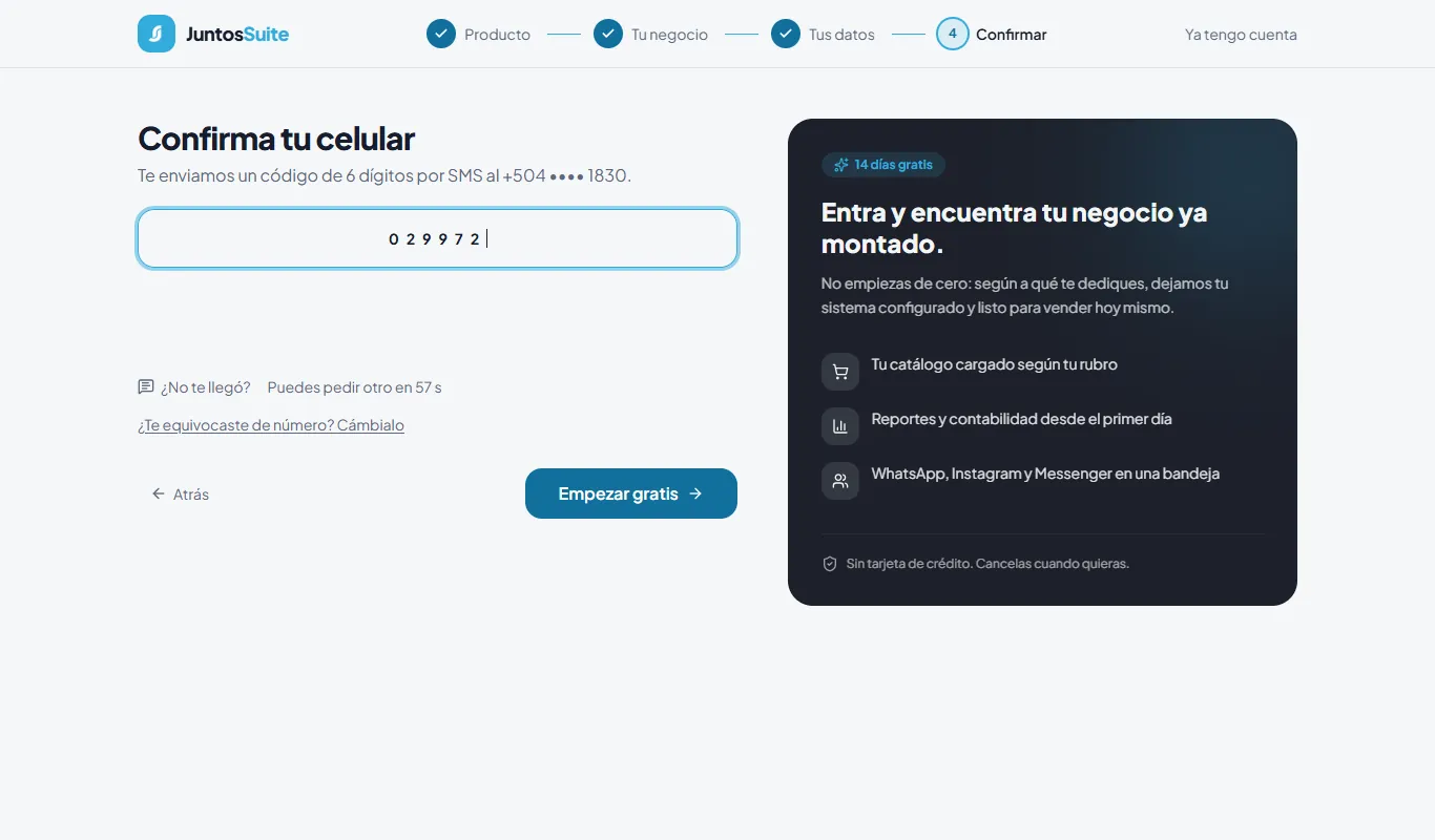 El sistema te pide el código que llegó a tu celular.