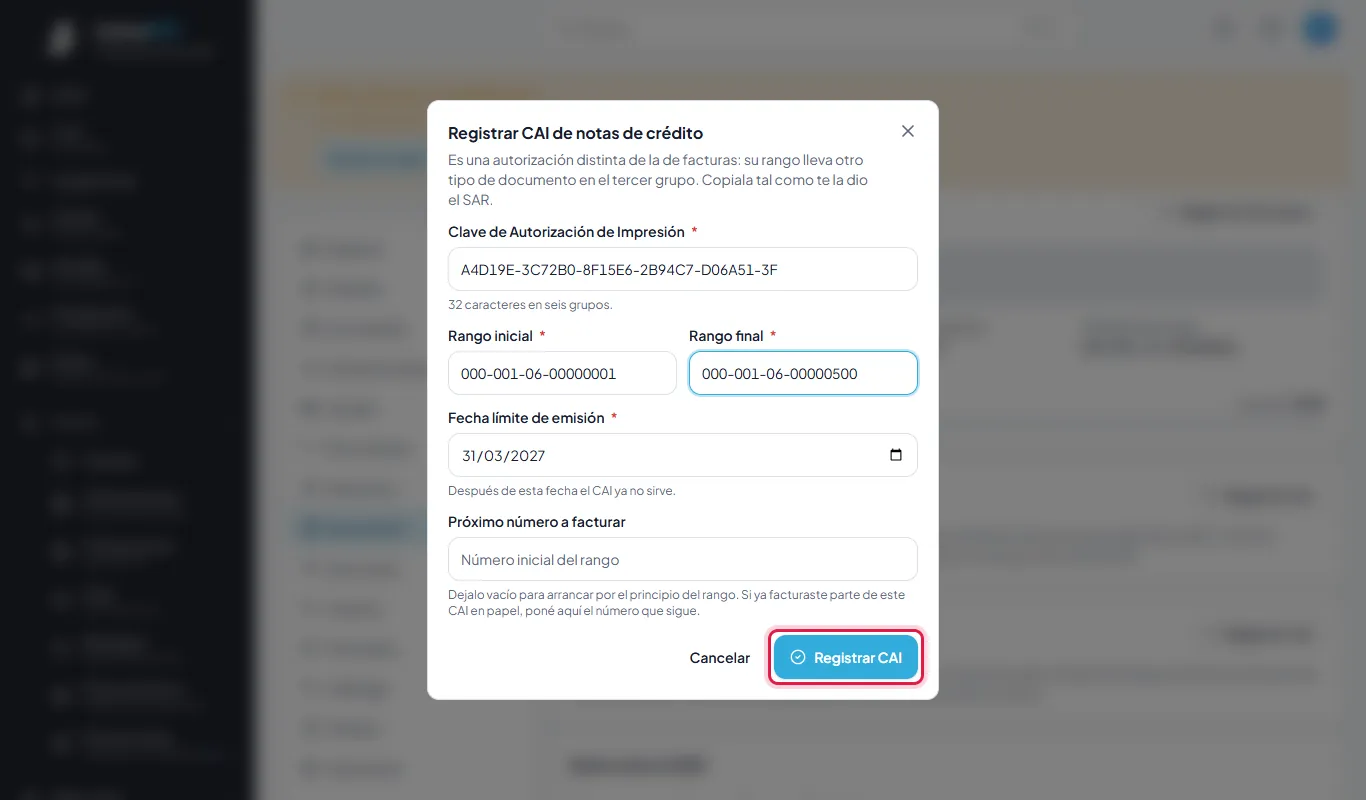 El CAI de las notas de crédito: de la 000-001-06-00000001 a la 000-001-06-00000500.