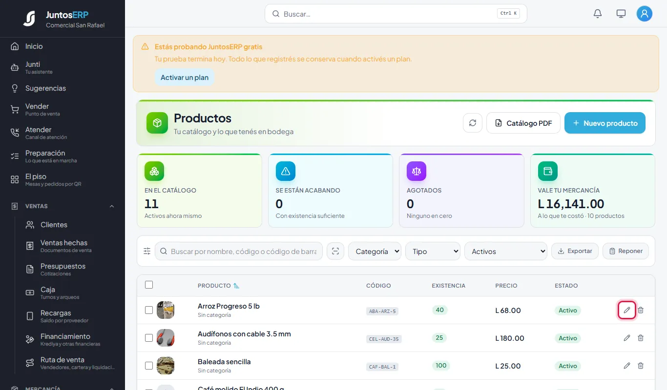 El lápiz abre el producto para editarlo.