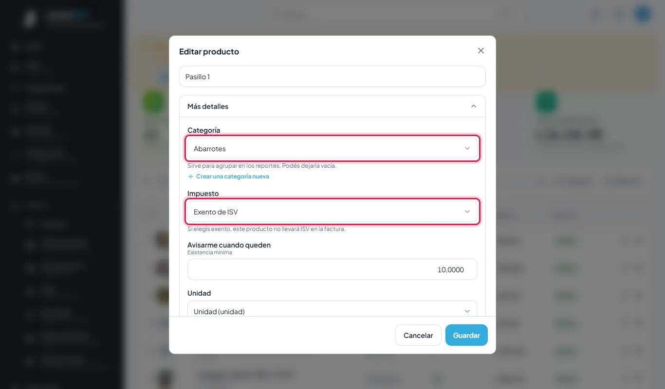 Arroz: categoría Abarrotes, impuesto Exento de ISV.