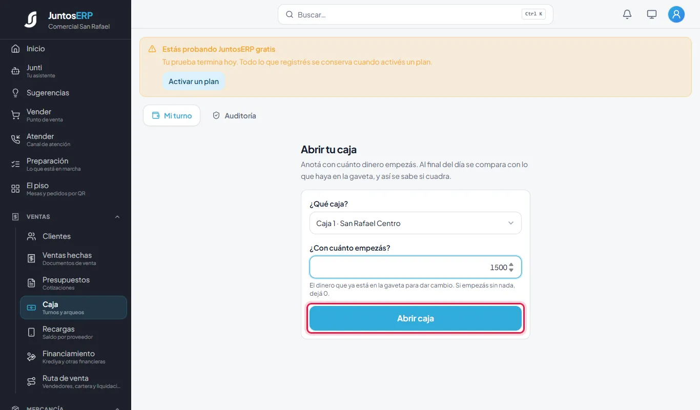 Abrir la Caja 1 con L 1,500 de fondo.