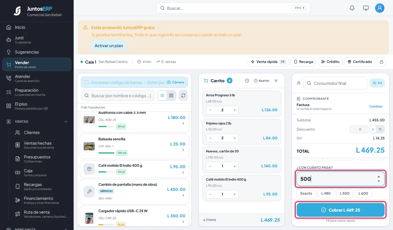 Paga con L 500: el botón muestra el total a cobrar.