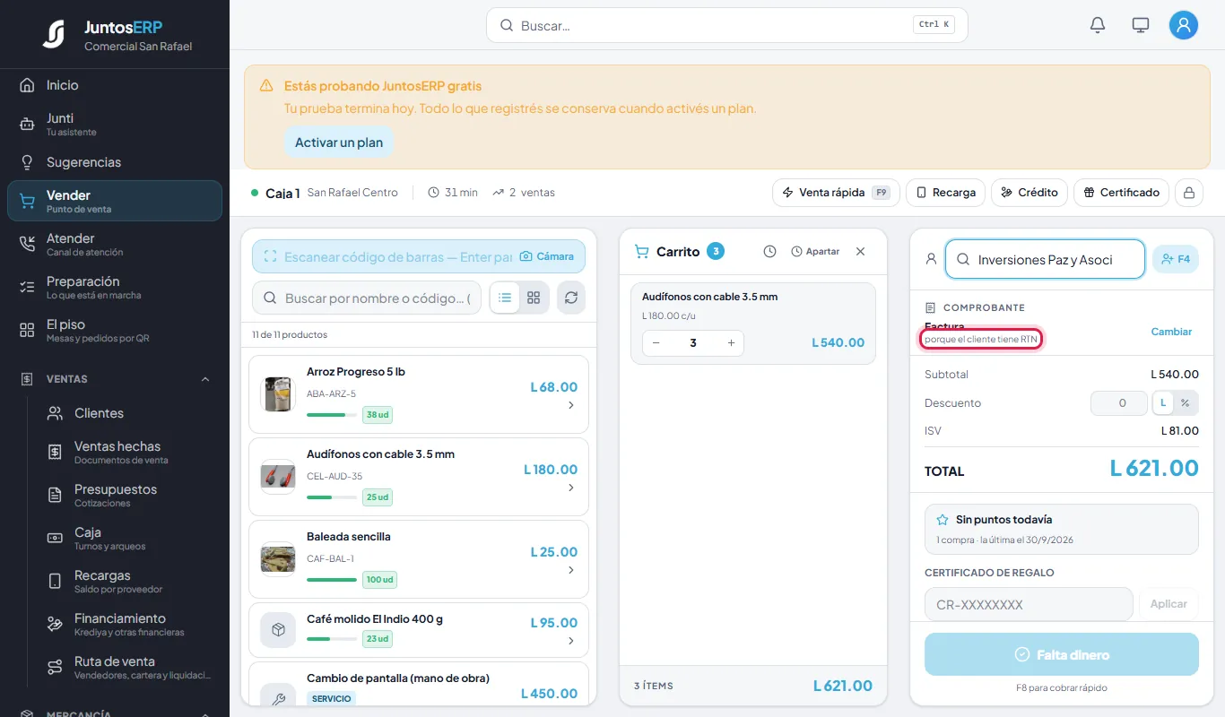La caja elige factura por el RTN del cliente.