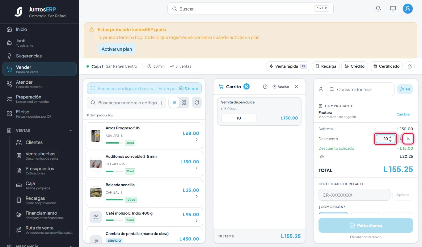 10 % sobre 10 semitas: L 15.00 menos, total L 155.25.