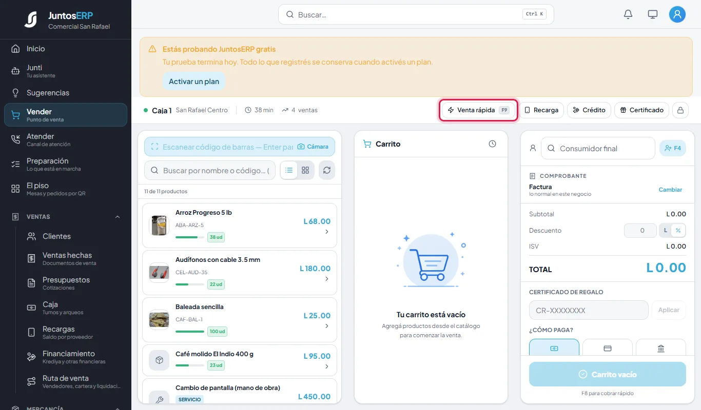 El botón de venta rápida, arriba de la caja.