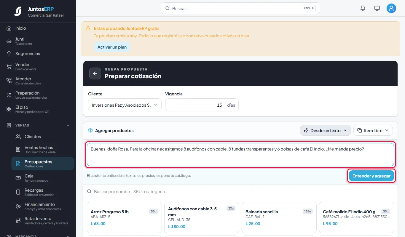 El pedido del cliente, pegado tal cual.