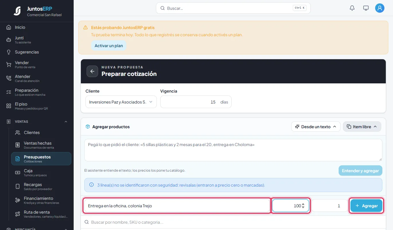 La entrega en la oficina, como ítem libre de L 100.00.