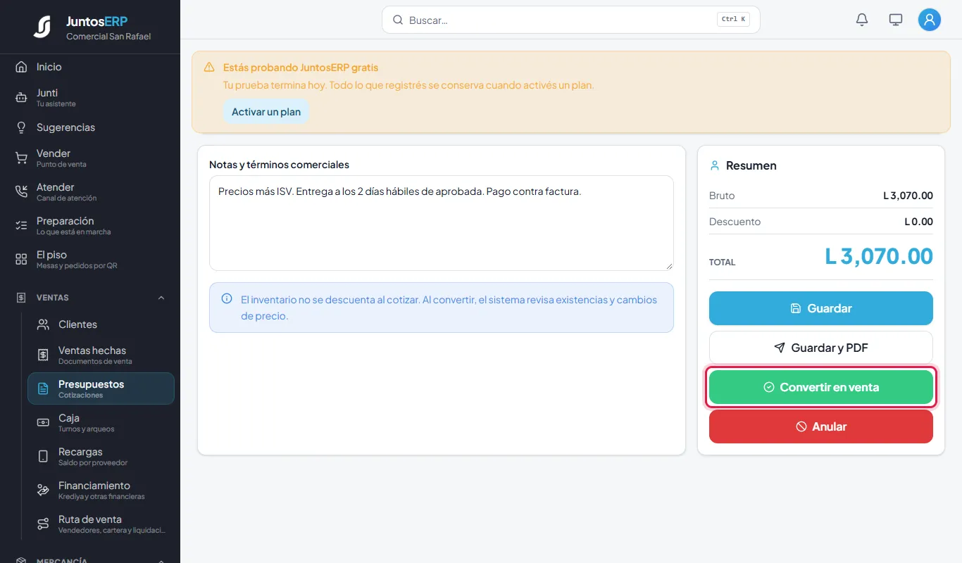 Convertir la cotización en venta.