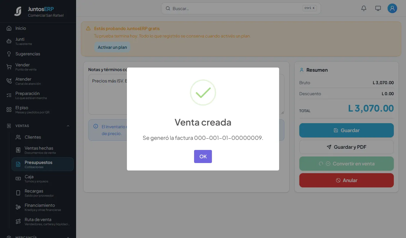 Se generó la factura 000-001-01-00000009.