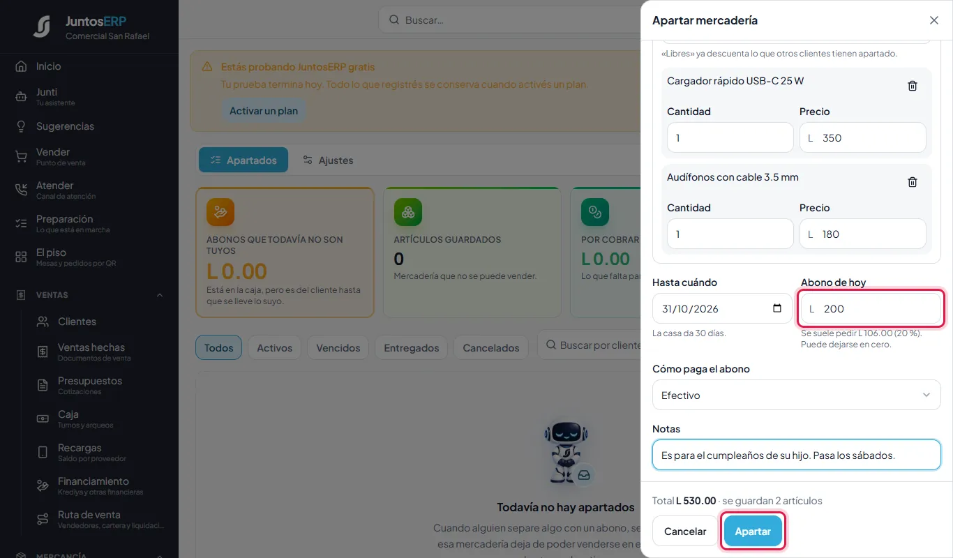 Abono de L 200.00 en efectivo.
