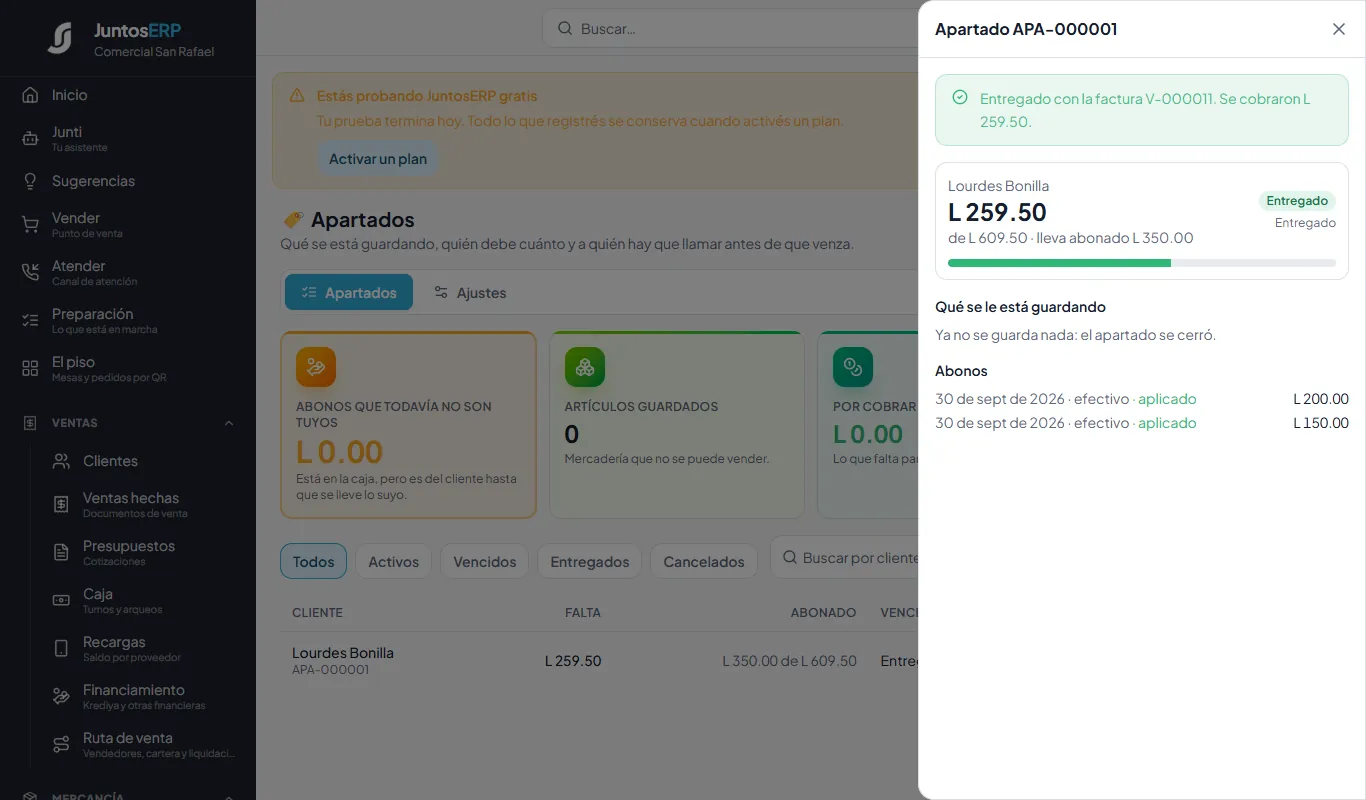 Entregado con la factura V-000011. Se cobraron L 259.50.
