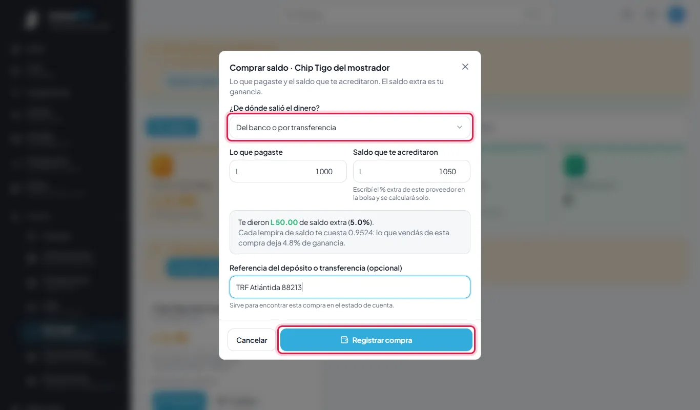 Compra de saldo desde el banco.