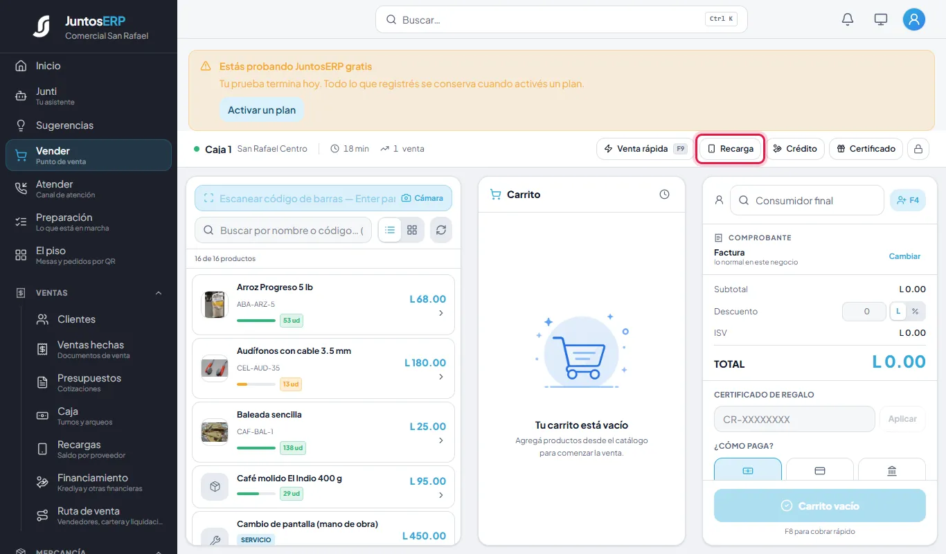 El botón Recarga del punto de venta.