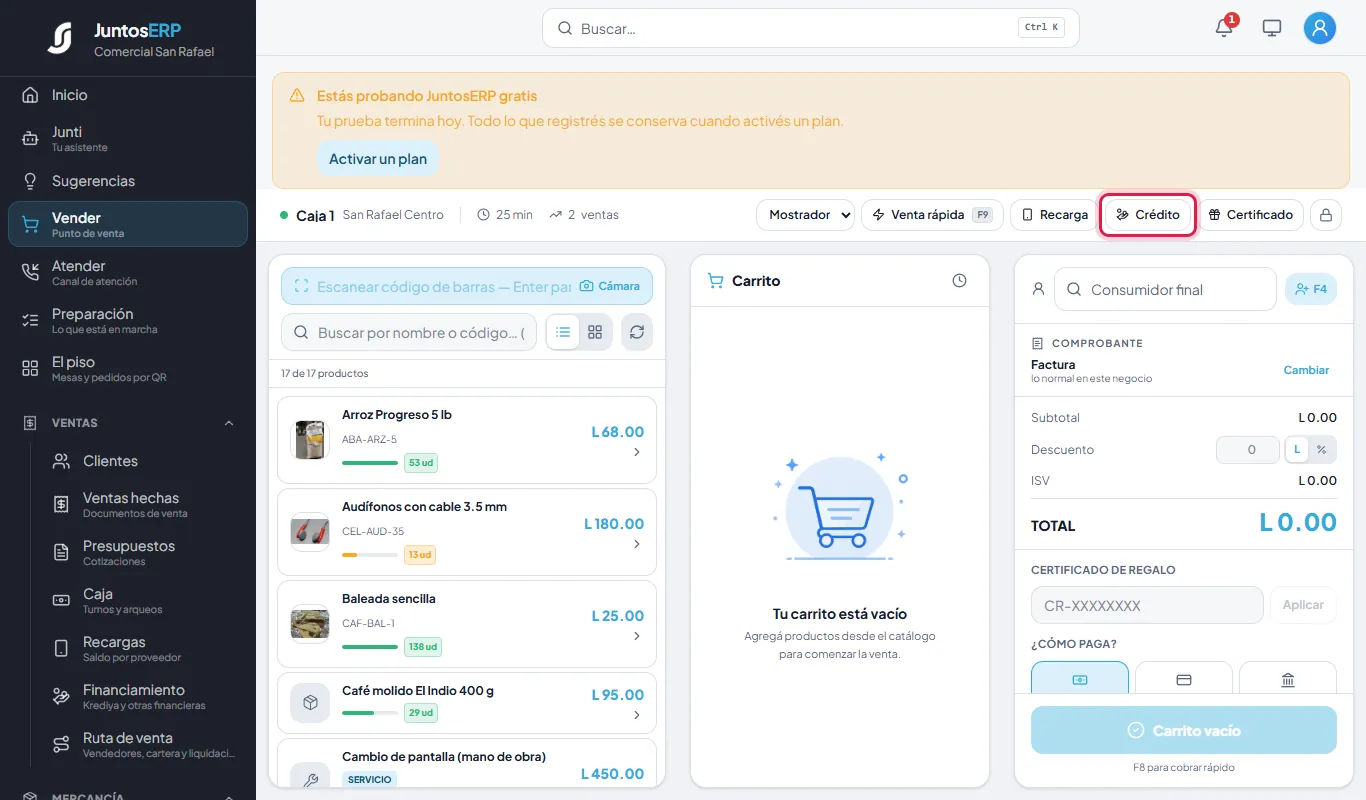 El botón Crédito del punto de venta.