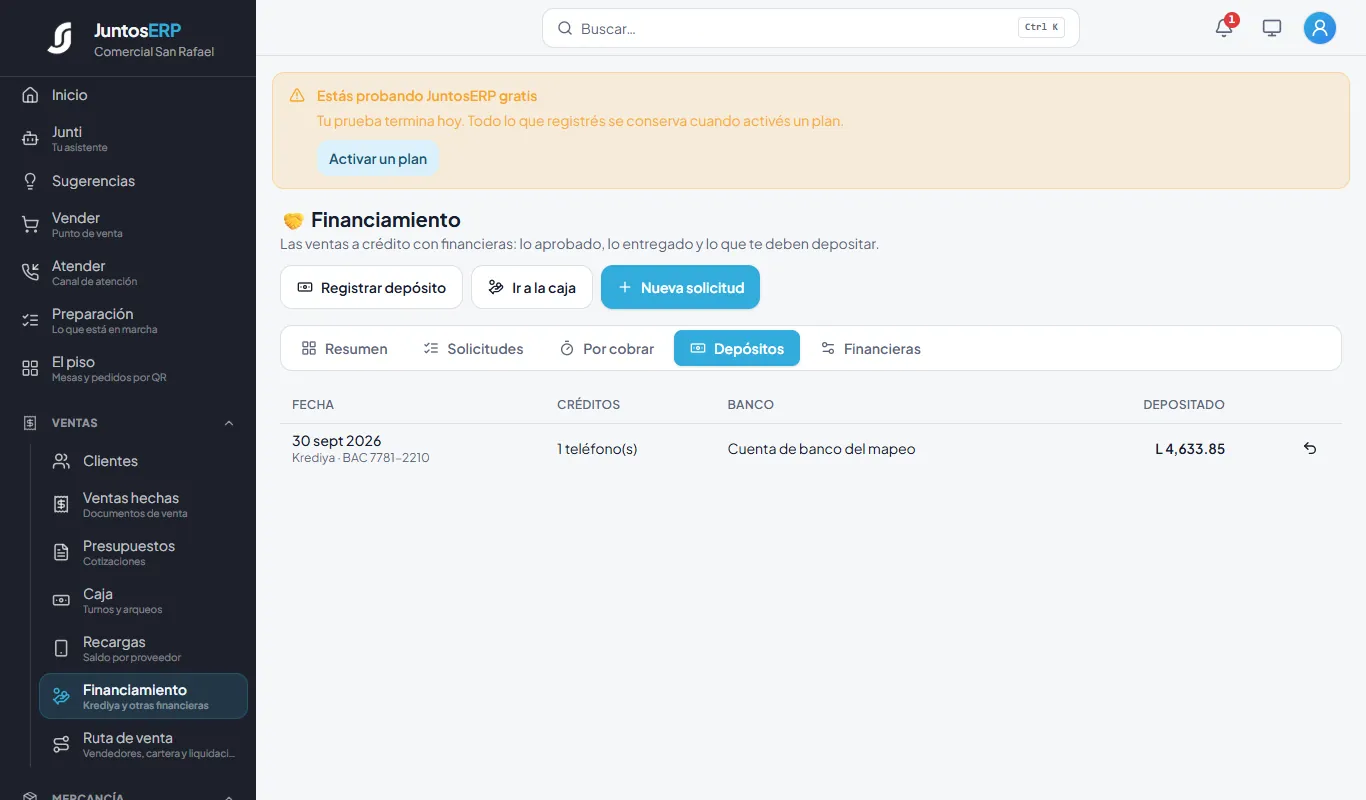 Depósito registrado.