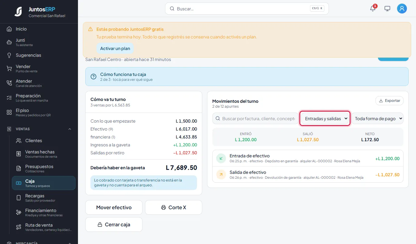 El depósito en garantía de un alquiler (+L 1,200.00) y su devolución (−L 1,027.50).