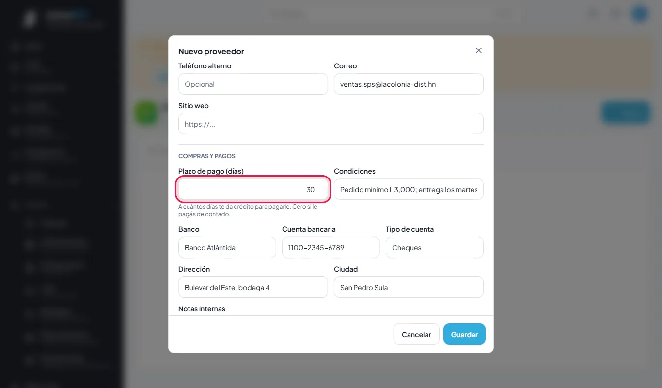 Plazo de 30 días y cuenta en Banco Atlántida.