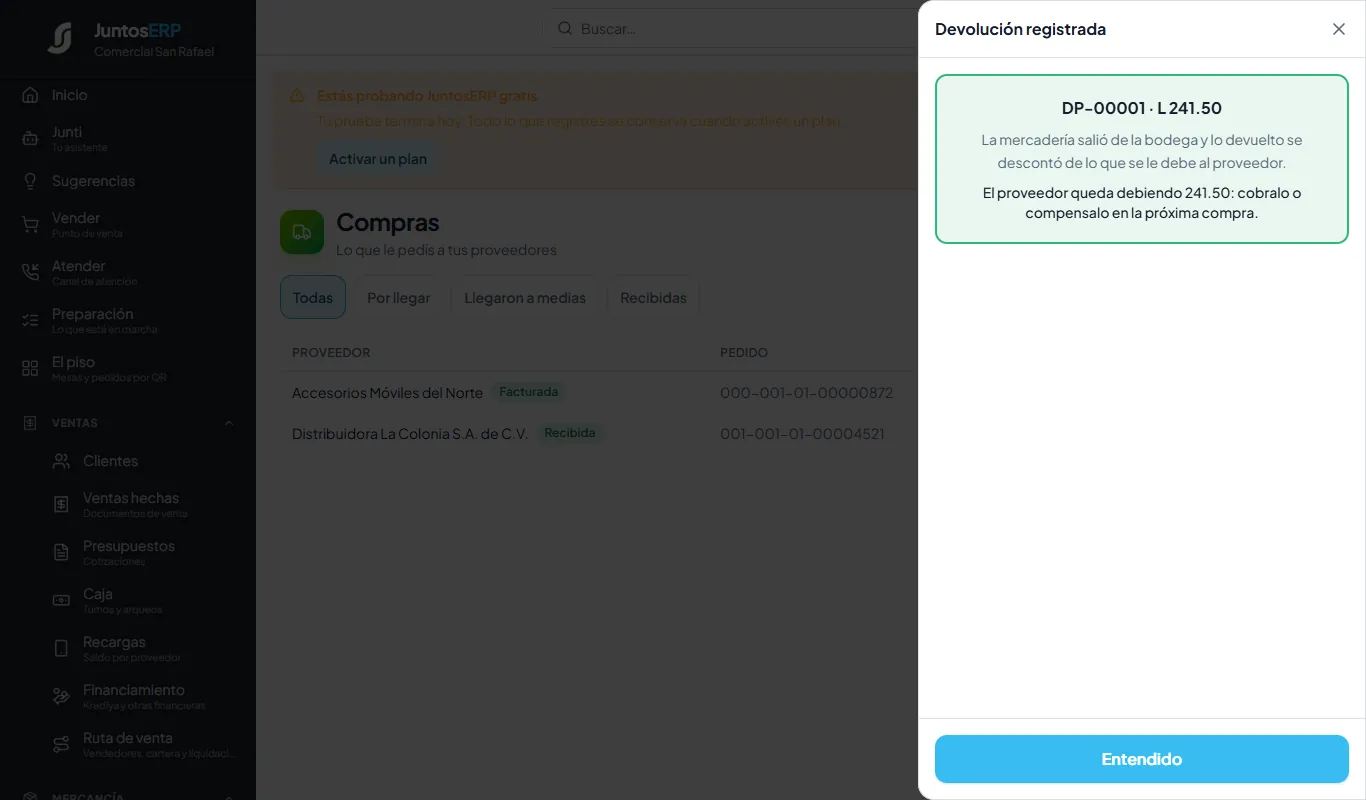 Devolución registrada.
