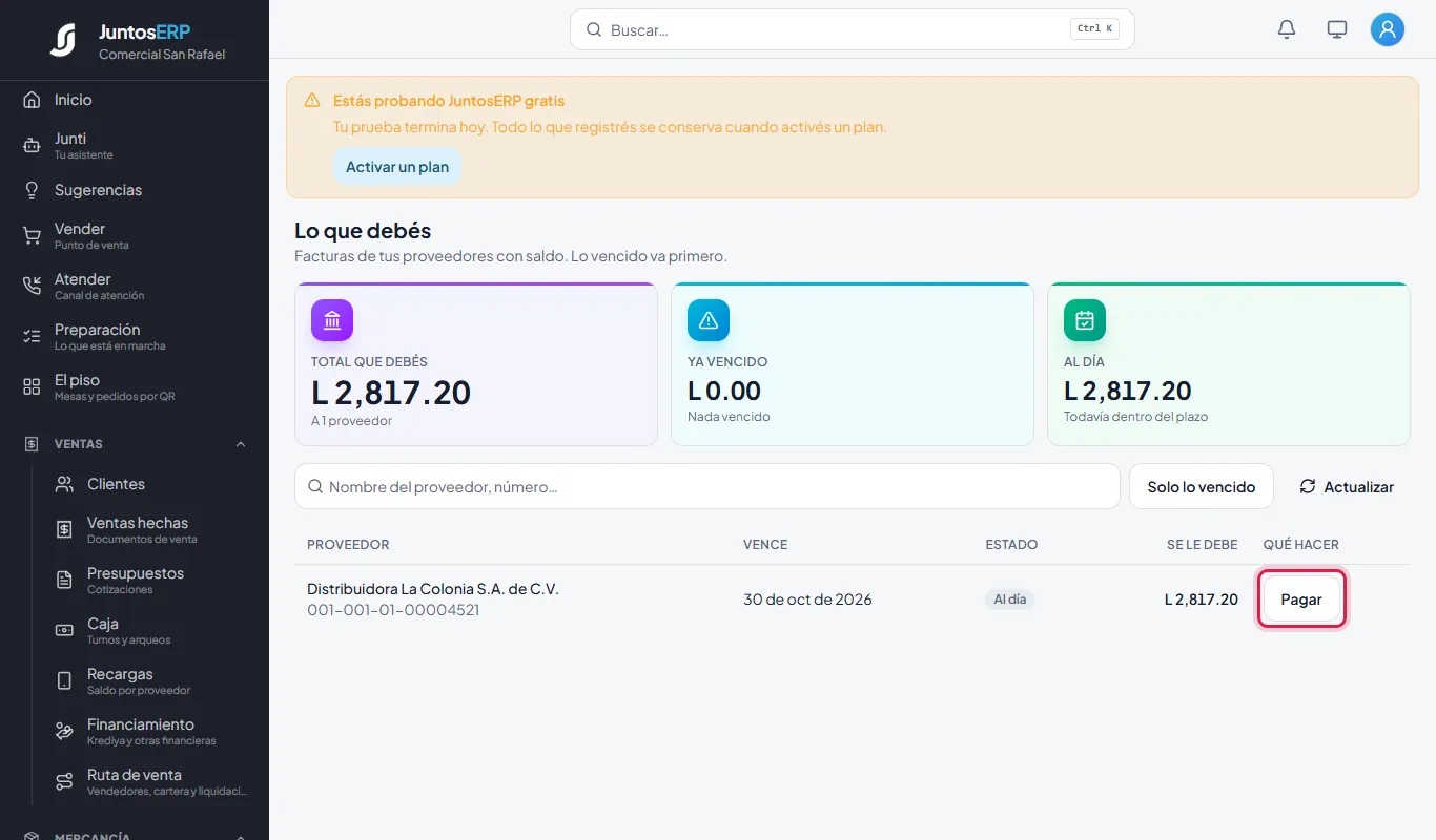 Lo que Comercial San Rafael le debe a sus proveedores: L 2,817.20 a La Colonia.