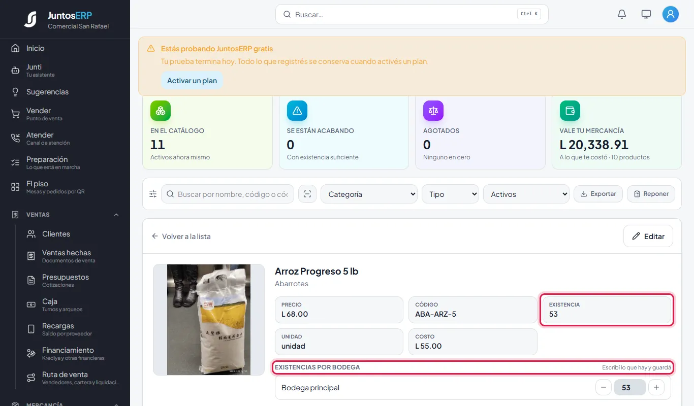 La ficha del arroz: 53 bolsas, a L 55.00 de costo.