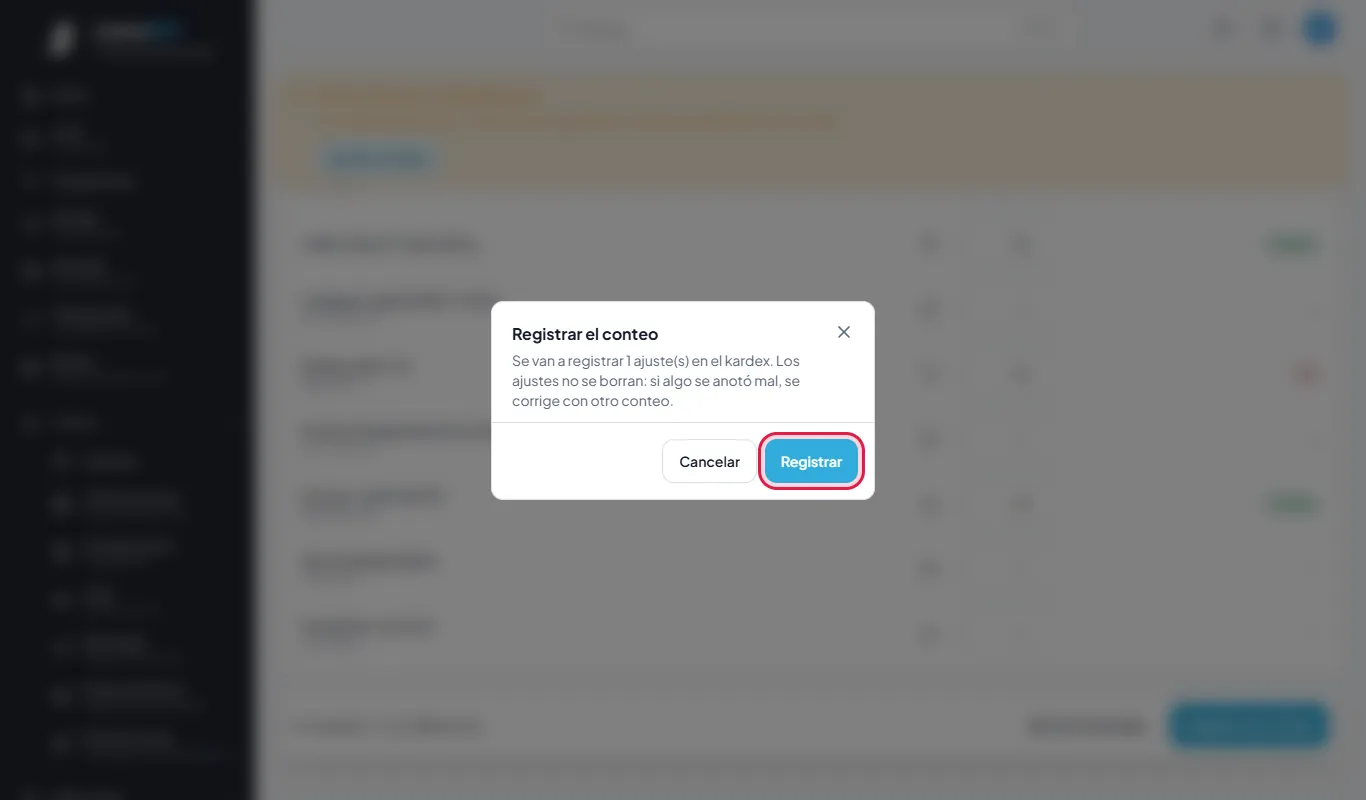 Confirmar el conteo: 1 ajuste.