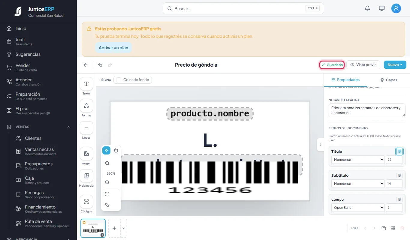 La plantilla en el Estudio de diseño.