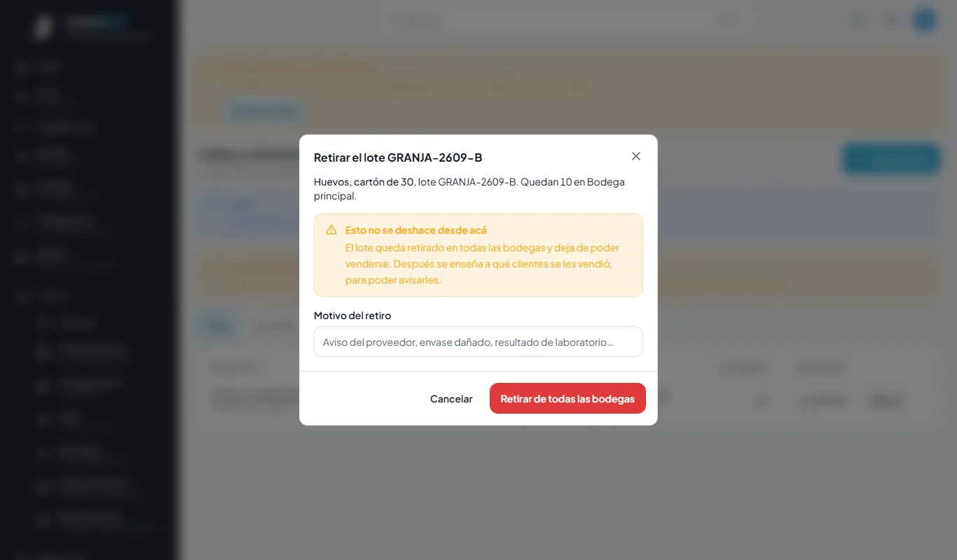 Retirar un lote: no se deshace desde aquí.