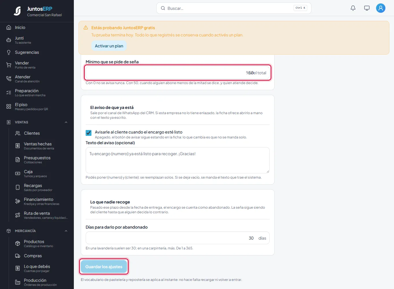 El mínimo de abono y el botón para guardar.