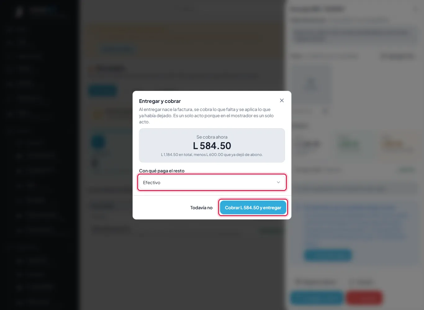 Se cobran L 584.50: el total menos el abono.