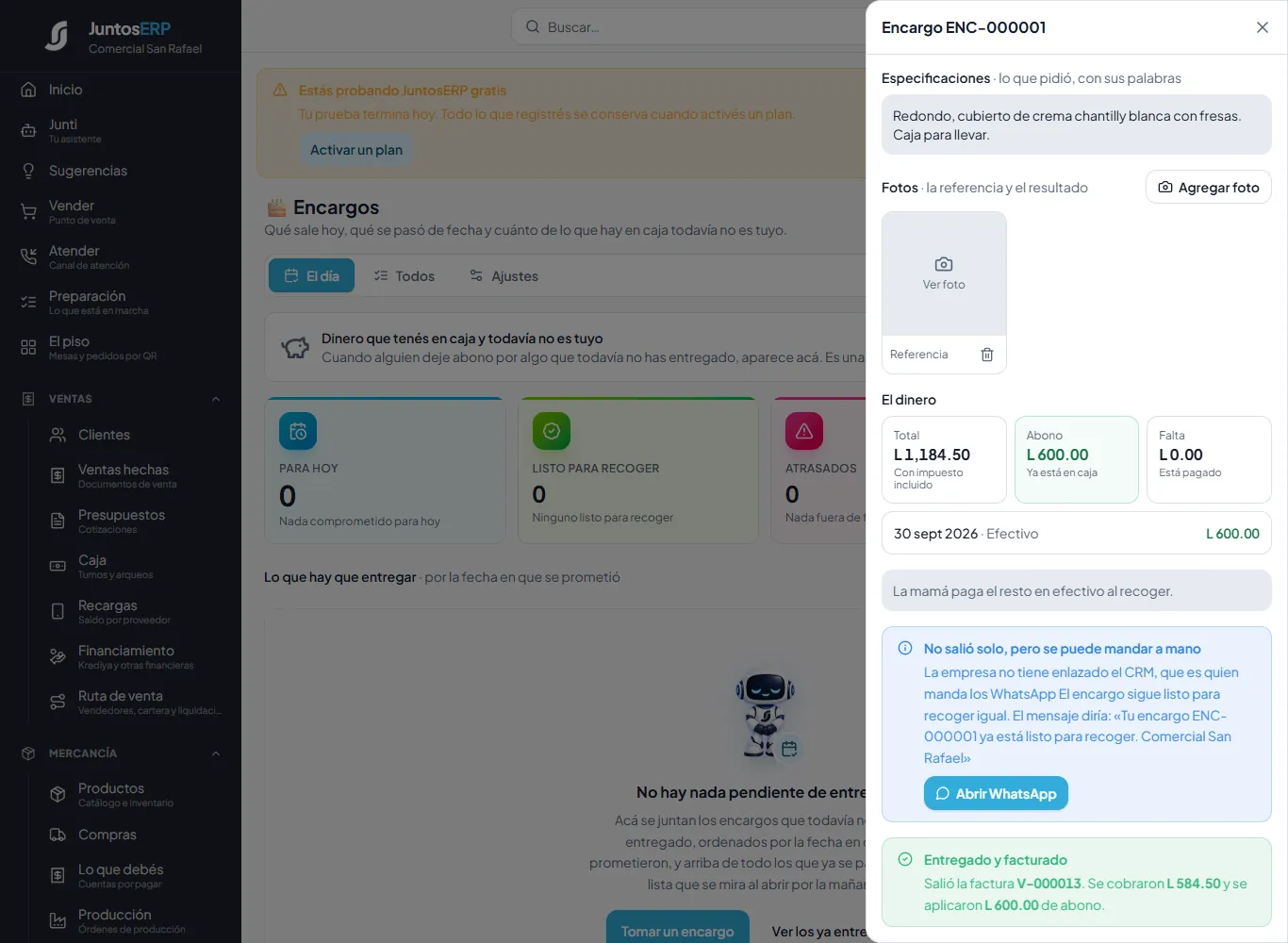 Salió la factura V-000013: se cobraron L 584.50 y se aplicaron L 600.00 de abono.