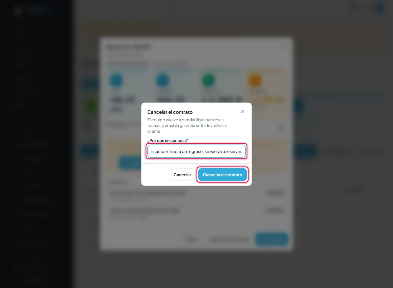 Cancelar pide el motivo.