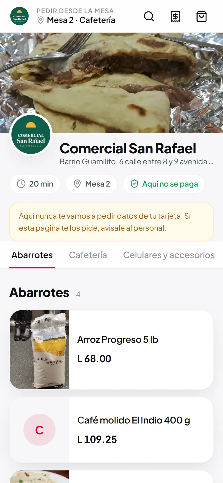 La carta en el teléfono del cliente.