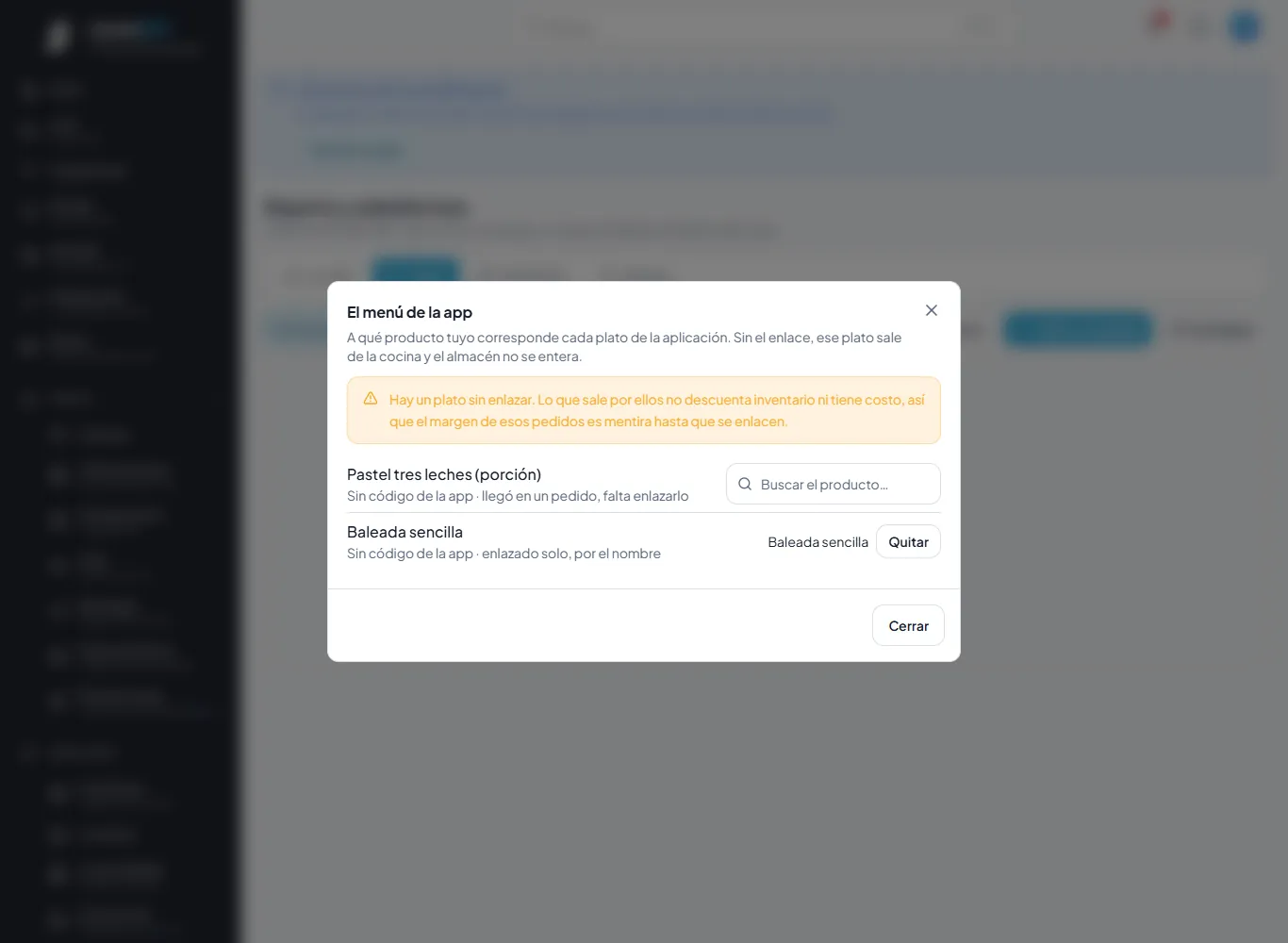 El pastel de la app, todavía sin enlazar; la baleada se enlazó sola.
