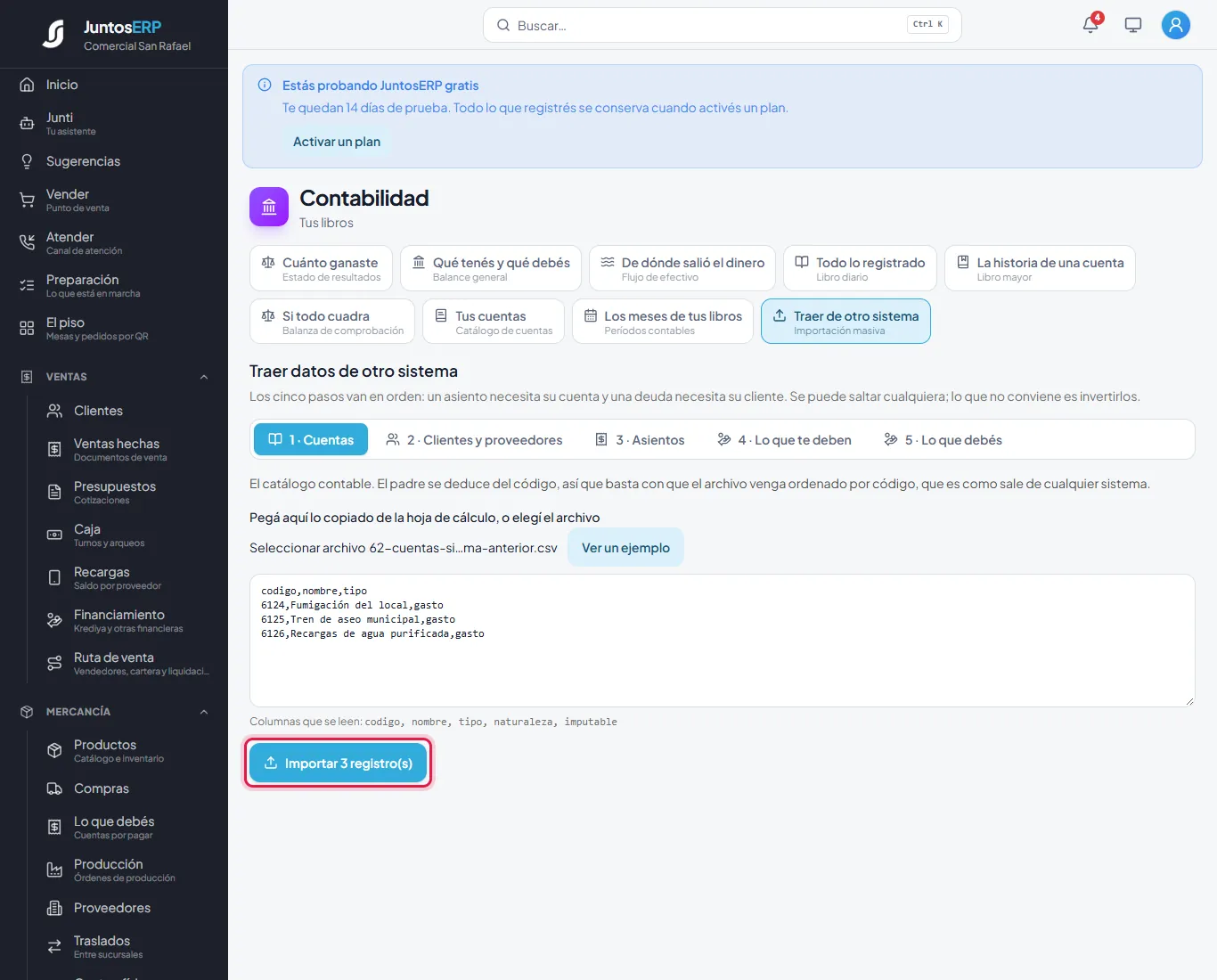 Tres cuentas de gastos del sistema anterior.