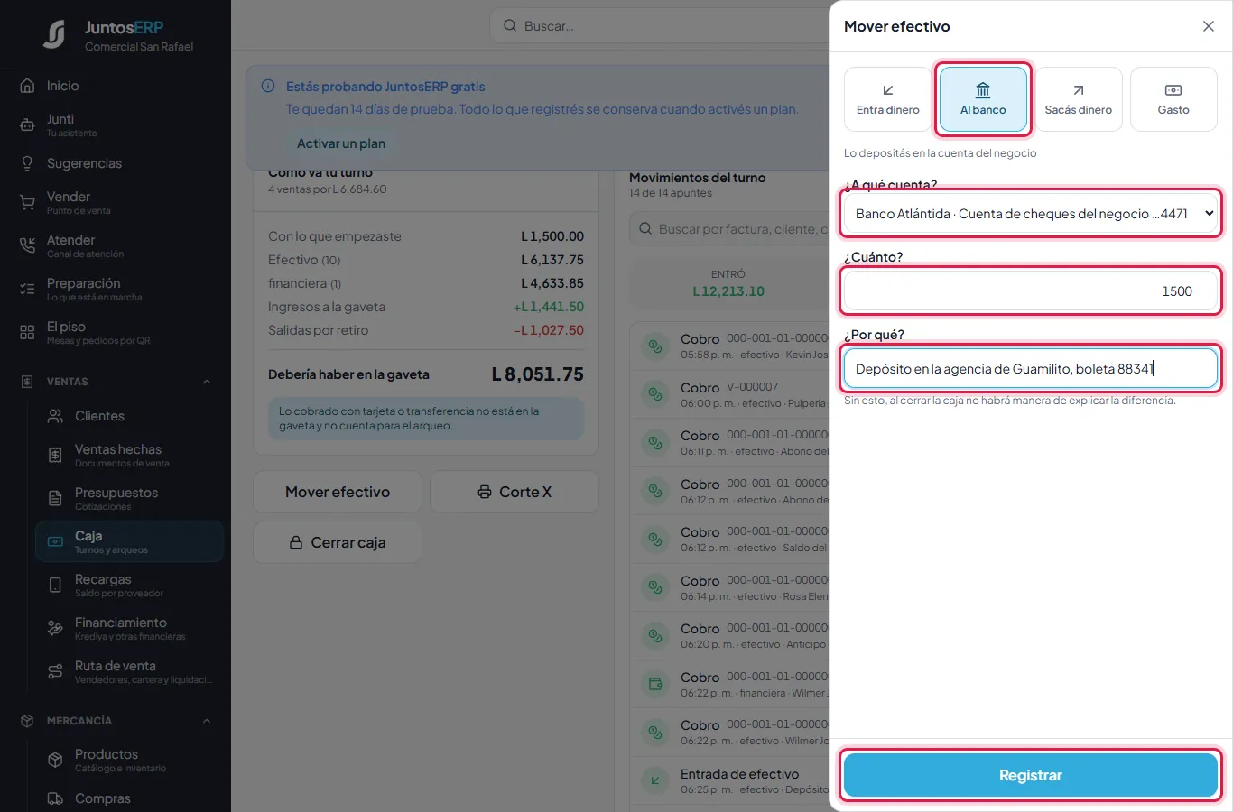 L 1,500.00 a la cuenta de cheques del Banco Atlántida, boleta 88341.