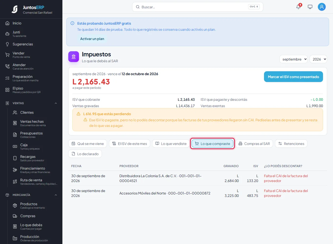 Dos compras sin CAI: su ISV no se descuenta.