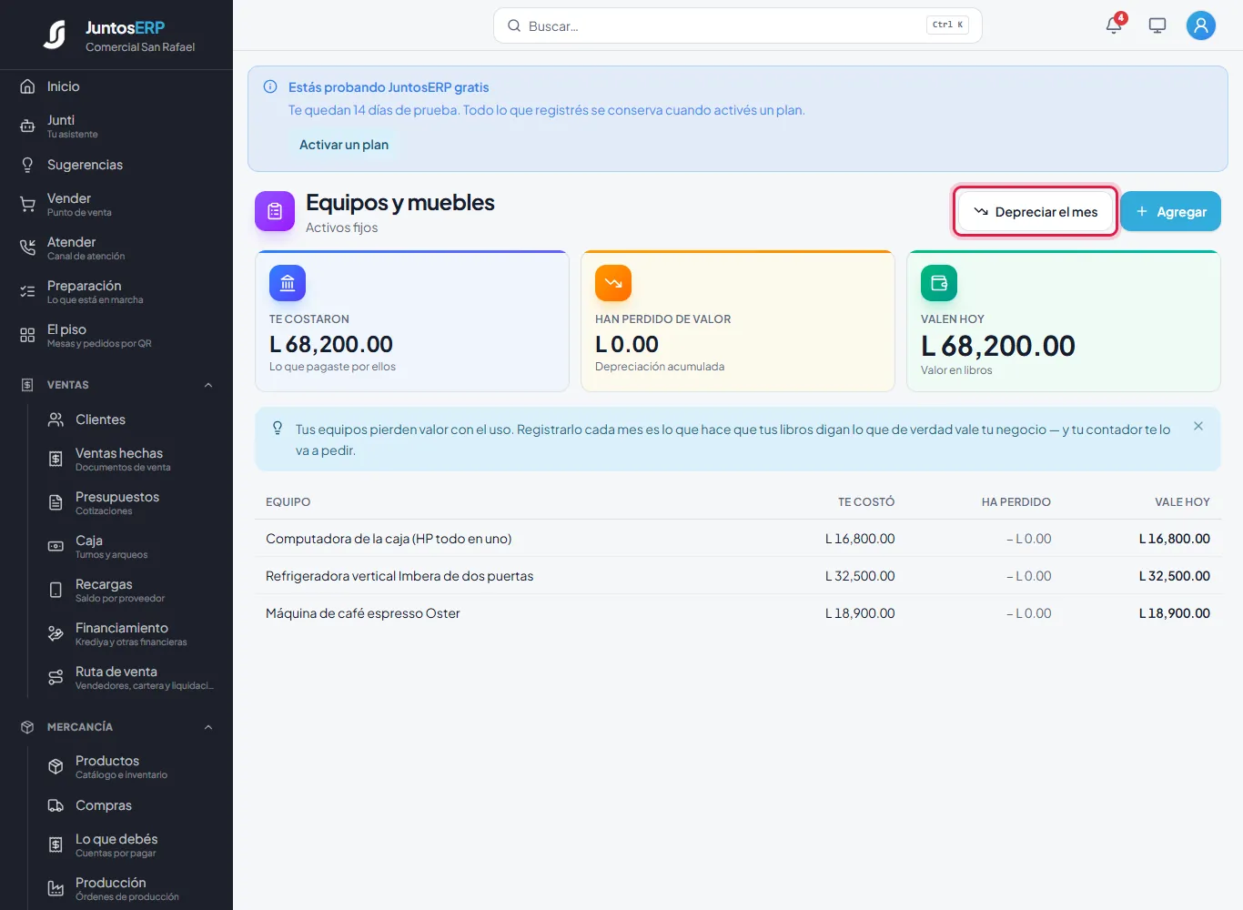 El botón para registrar la pérdida de valor.