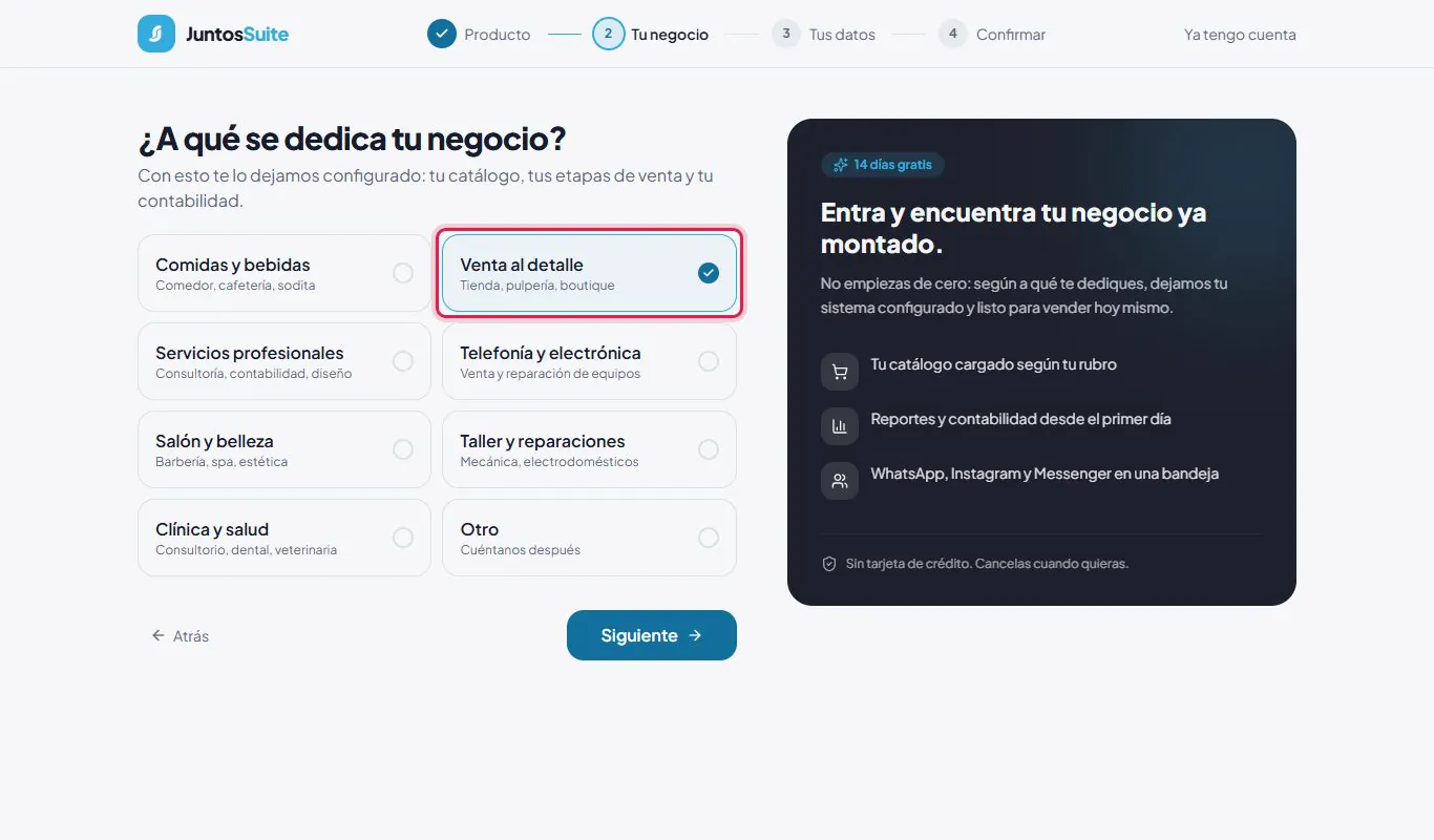 Paso 2: el rubro del negocio.