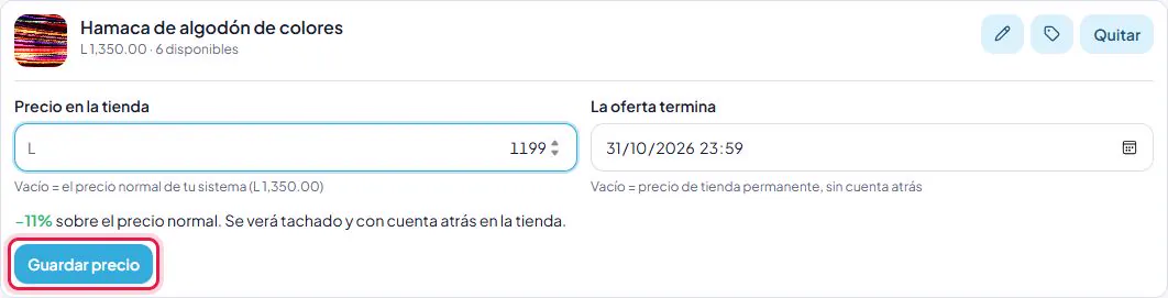 Precio rebajado y fecha de fin.