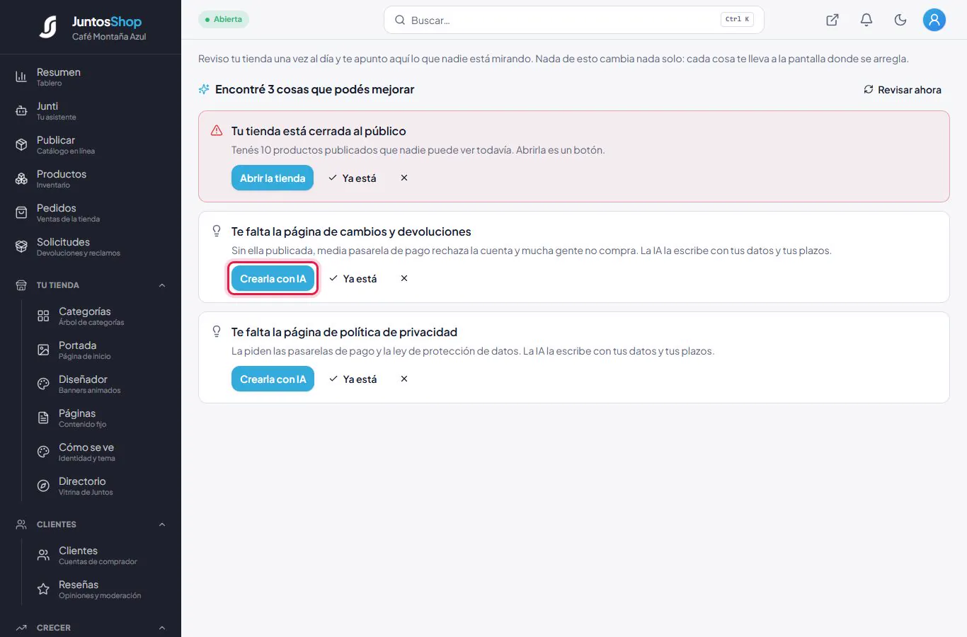 Crear una página desde la sugerencia.