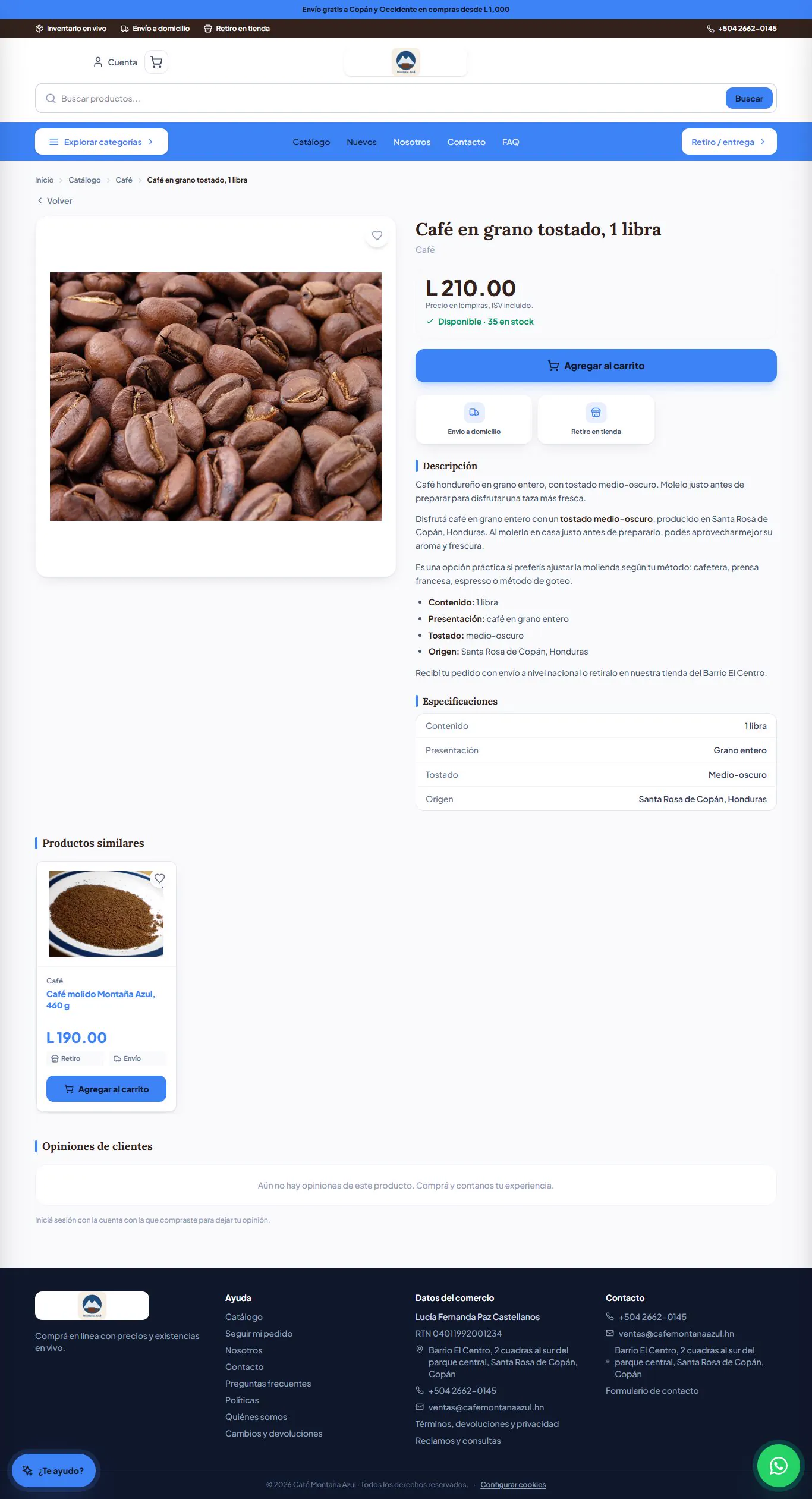 La ficha del café en grano.