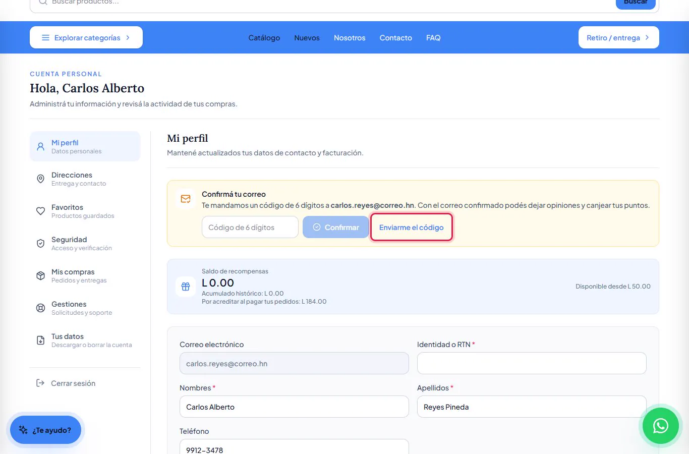 El recuadro para confirmar el correo.