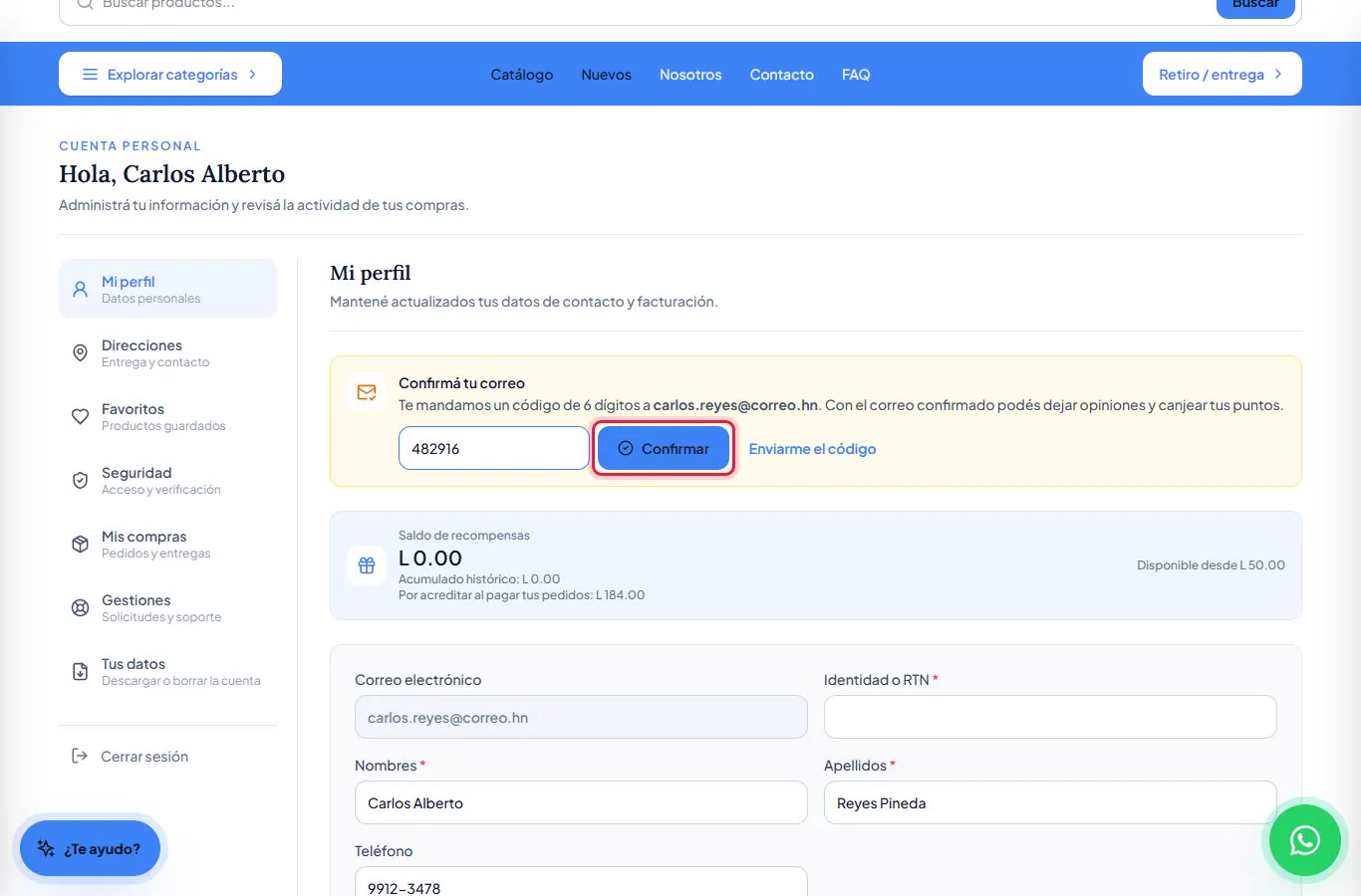 Escribir el código y confirmar.